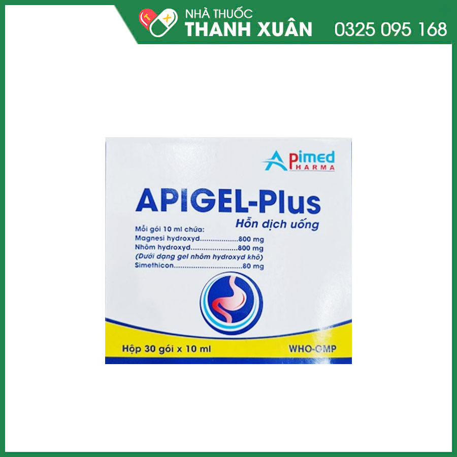 Apigel-Plus thuốc điều trị các triệu chứng do tăng acid dạ dày: khó tiêu, ợ nóng, đầy hơi
