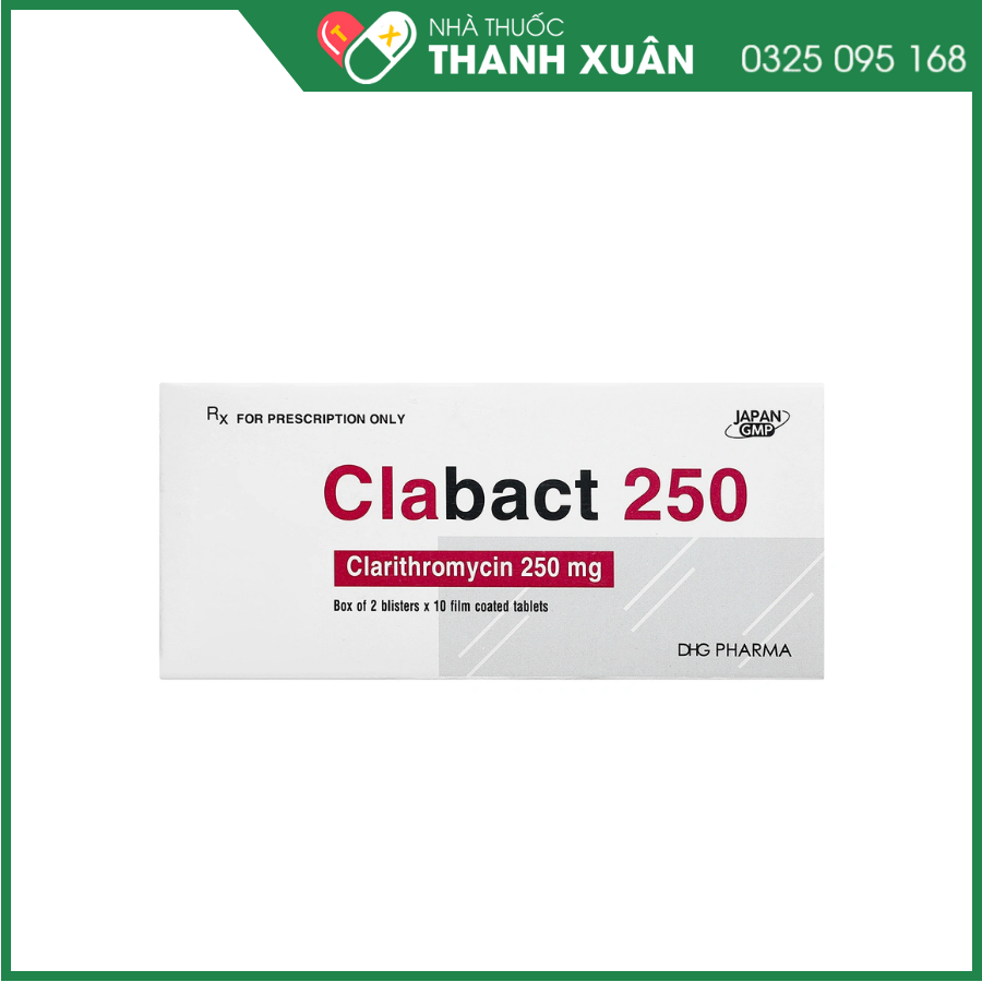 Clabact 250 mg thuốc điều trị nhiễm khuẩn hô hấp, da và đau dạ dày do vi khuẩn HP
