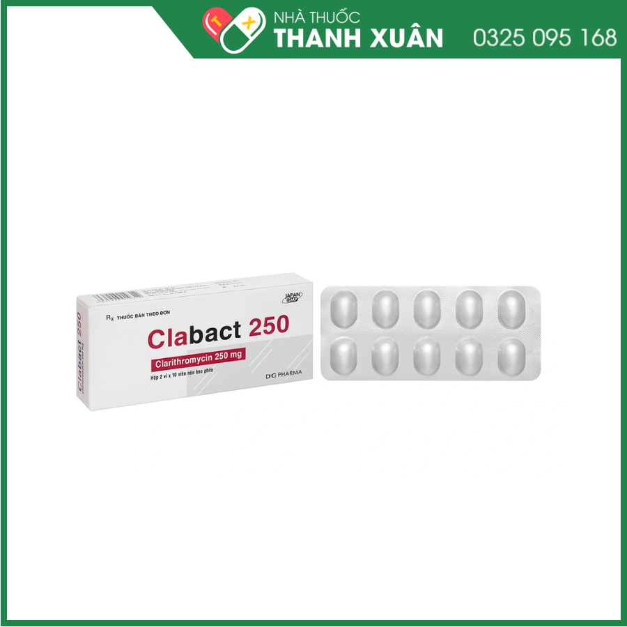 Clabact 250 mg thuốc điều trị nhiễm khuẩn hô hấp, da và đau dạ dày do vi khuẩn HP