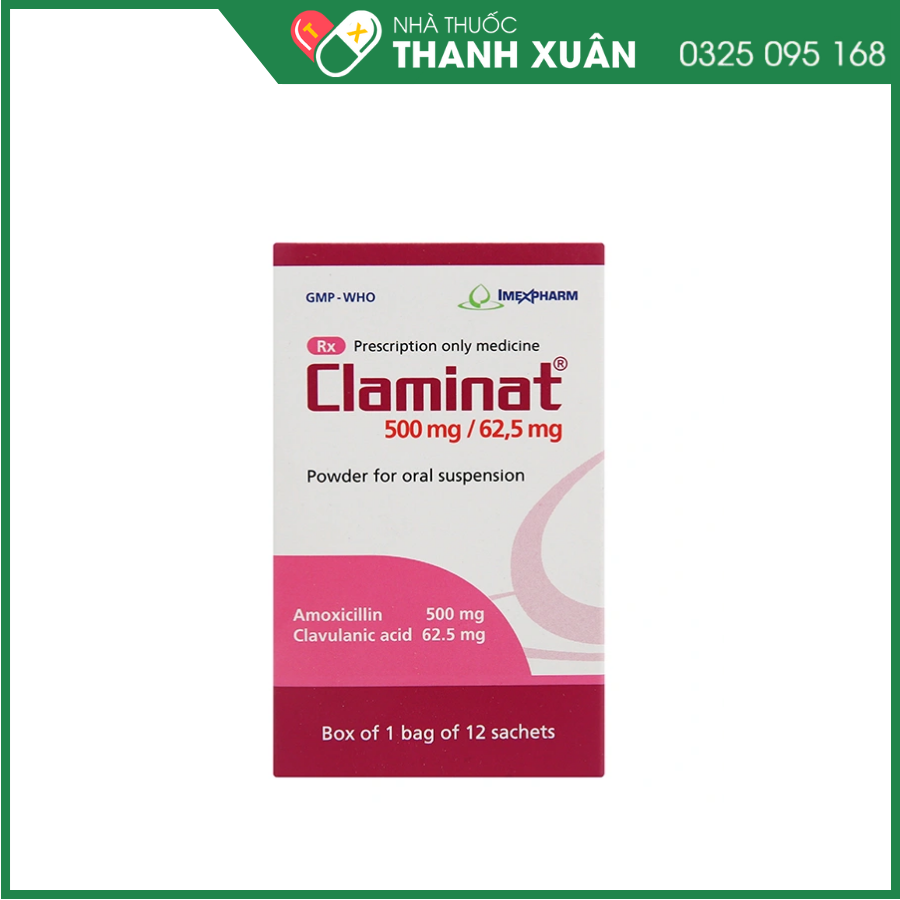 Bột pha hỗn dịch uống Claminat 500mg/62.5mg trị nhiễm khuẩn