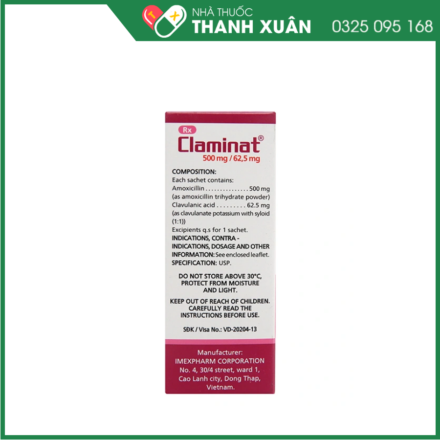 Bột pha hỗn dịch uống Claminat 500mg/62.5mg trị nhiễm khuẩn