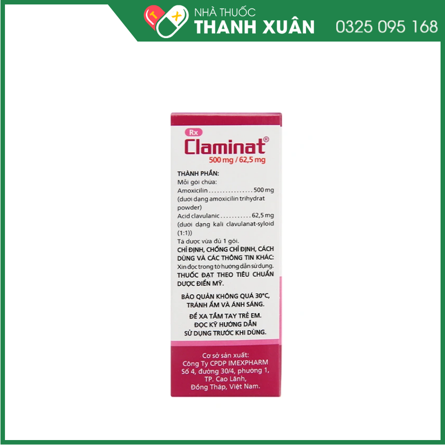 Bột pha hỗn dịch uống Claminat 500mg/62.5mg trị nhiễm khuẩn