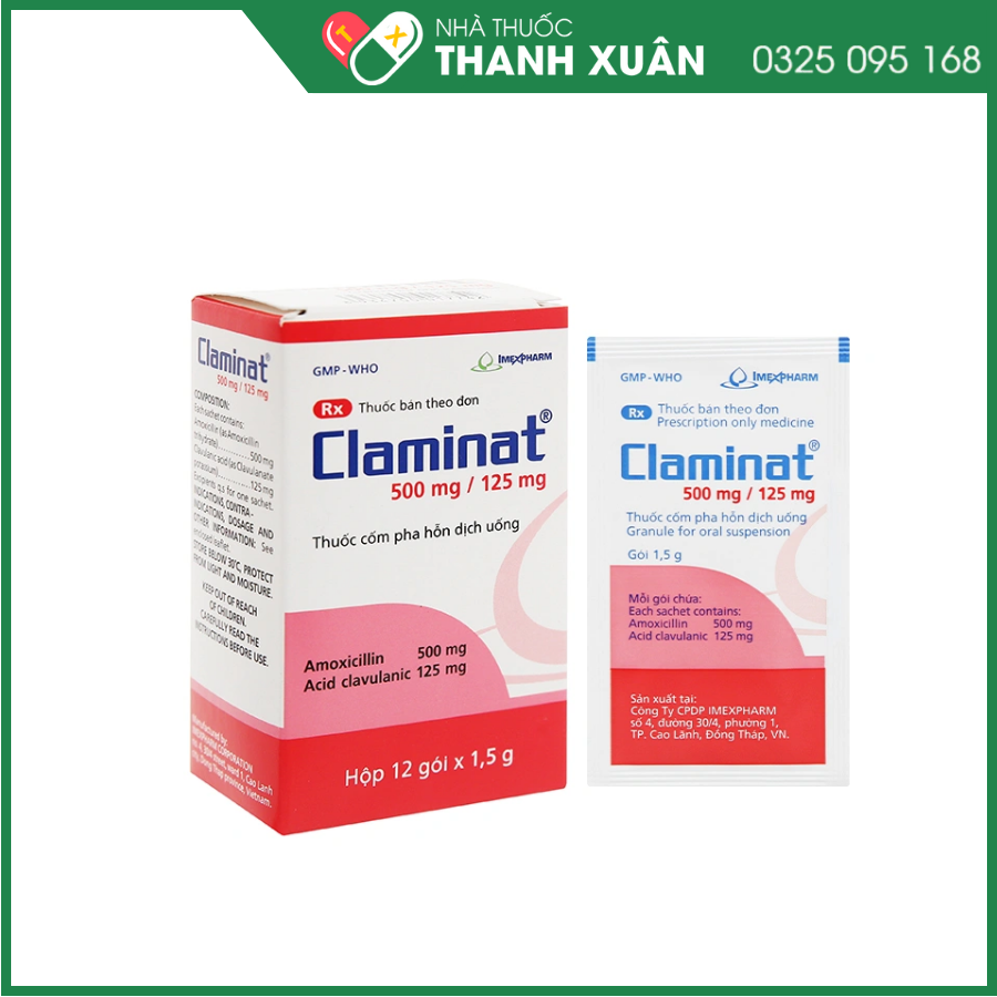 Cốm pha hỗn dịch uống Claminat 500mg/125mg trị nhiễm khuẩn