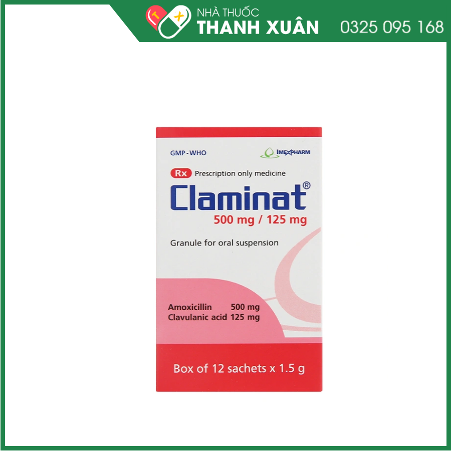 Cốm pha hỗn dịch uống Claminat 500mg/125mg trị nhiễm khuẩn
