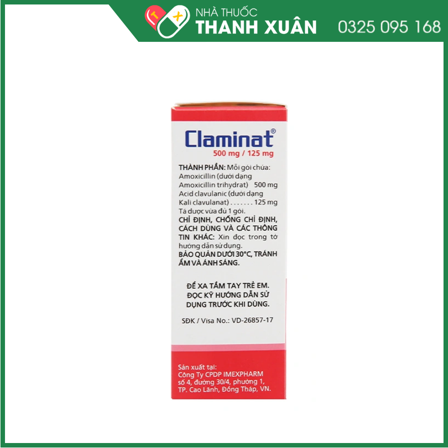 Cốm pha hỗn dịch uống Claminat 500mg/125mg trị nhiễm khuẩn