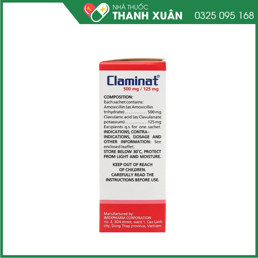 Cốm pha hỗn dịch uống Claminat 500mg/125mg trị nhiễm khuẩn