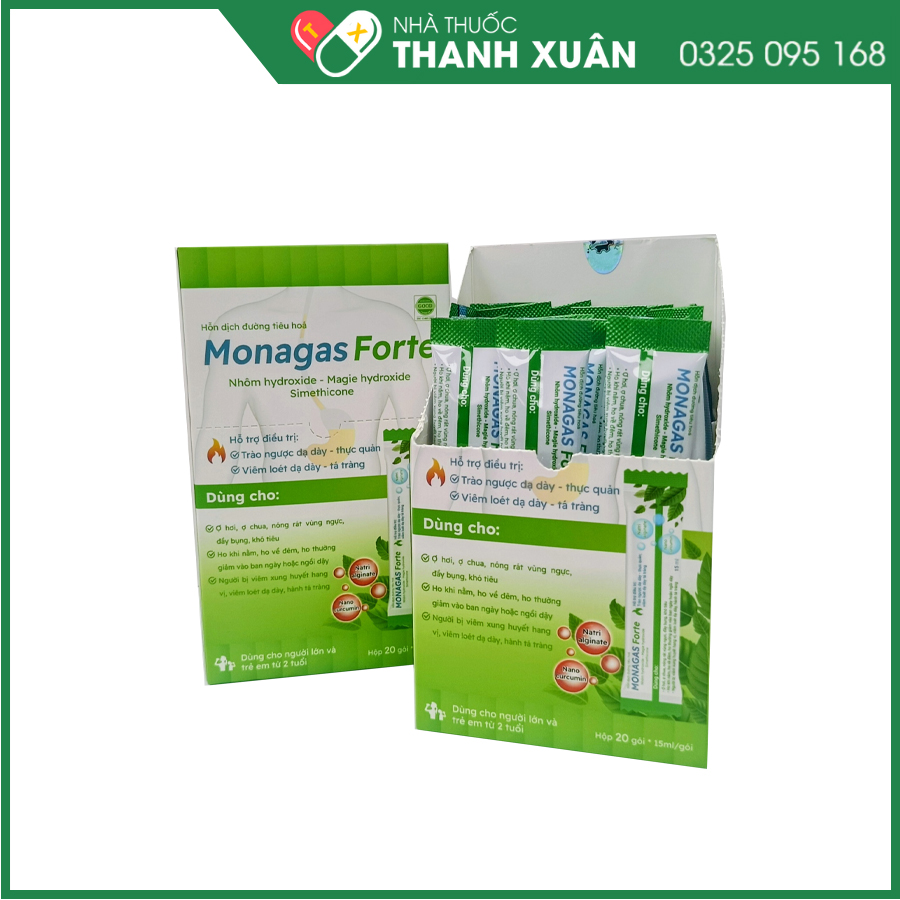 Monagas Forte giúp bảo vệ niêm mạc dạ dày, giảm trào ngược, trung hòa acid và hỗ trợ cải thiện các triệu chứng đau, ợ nóng, đầy bụng, buồn nôn