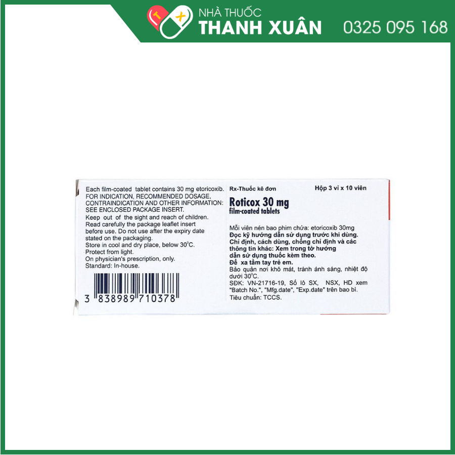 Roticox 30 mg thuốc điều trị thoái hóa khớp, viêm khớp dạng thấp, viêm cột sống dính khớp và viêm khớp gút cấp tính