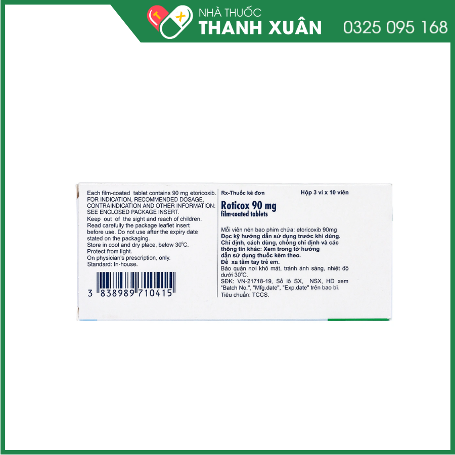 Roticox 90 mg thuốc điều trị thoái hóa khớp, viêm khớp dạng thấp, viêm cột sống dính khớp và viêm khớp gút cấp tính