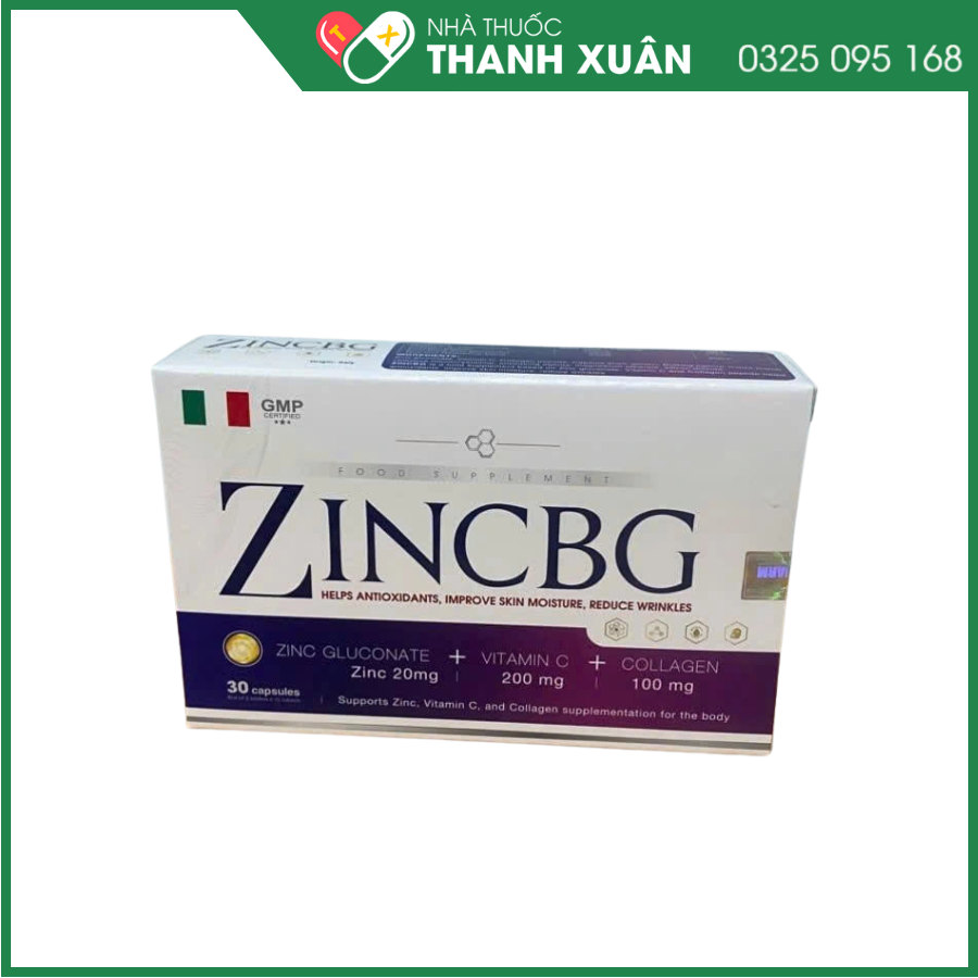ZinCBG - Viên Uống Bổ Sung Kẽm, Vitamin C &amp; Collagen Cấp Ẩm, Sáng Da