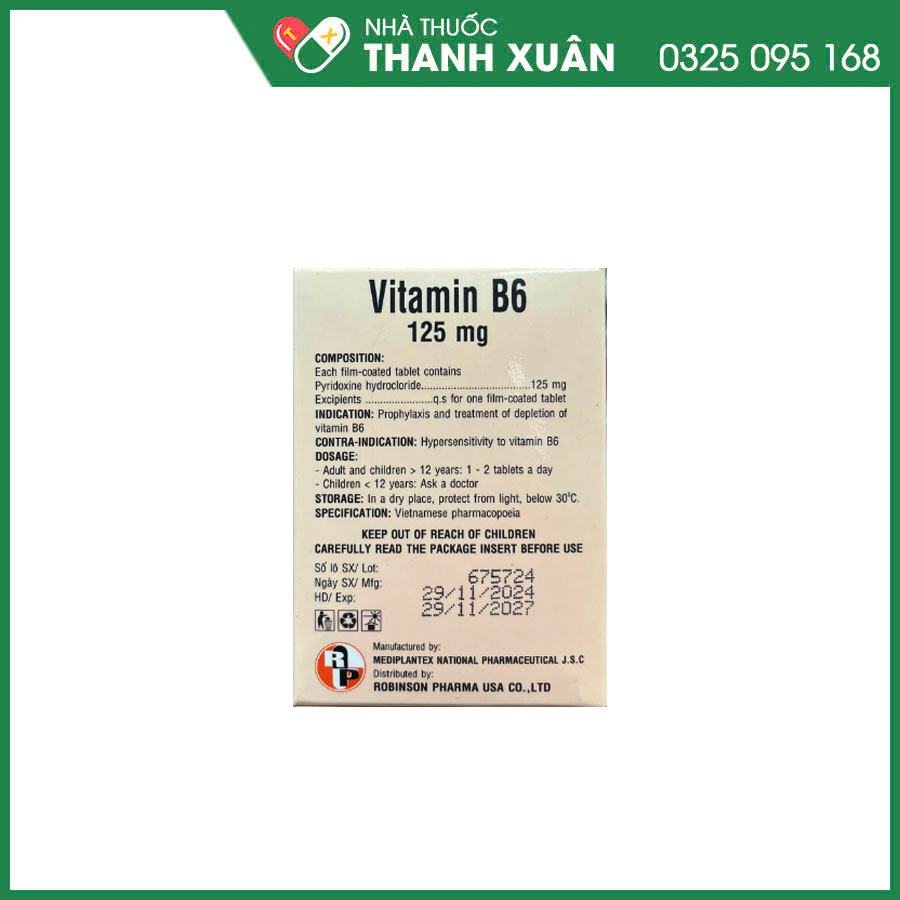 Vitamin B6 125mg giúp phòng và điều trị thiếu hụt B6 và nhiễm độc isoniazid hoặc cycloserin